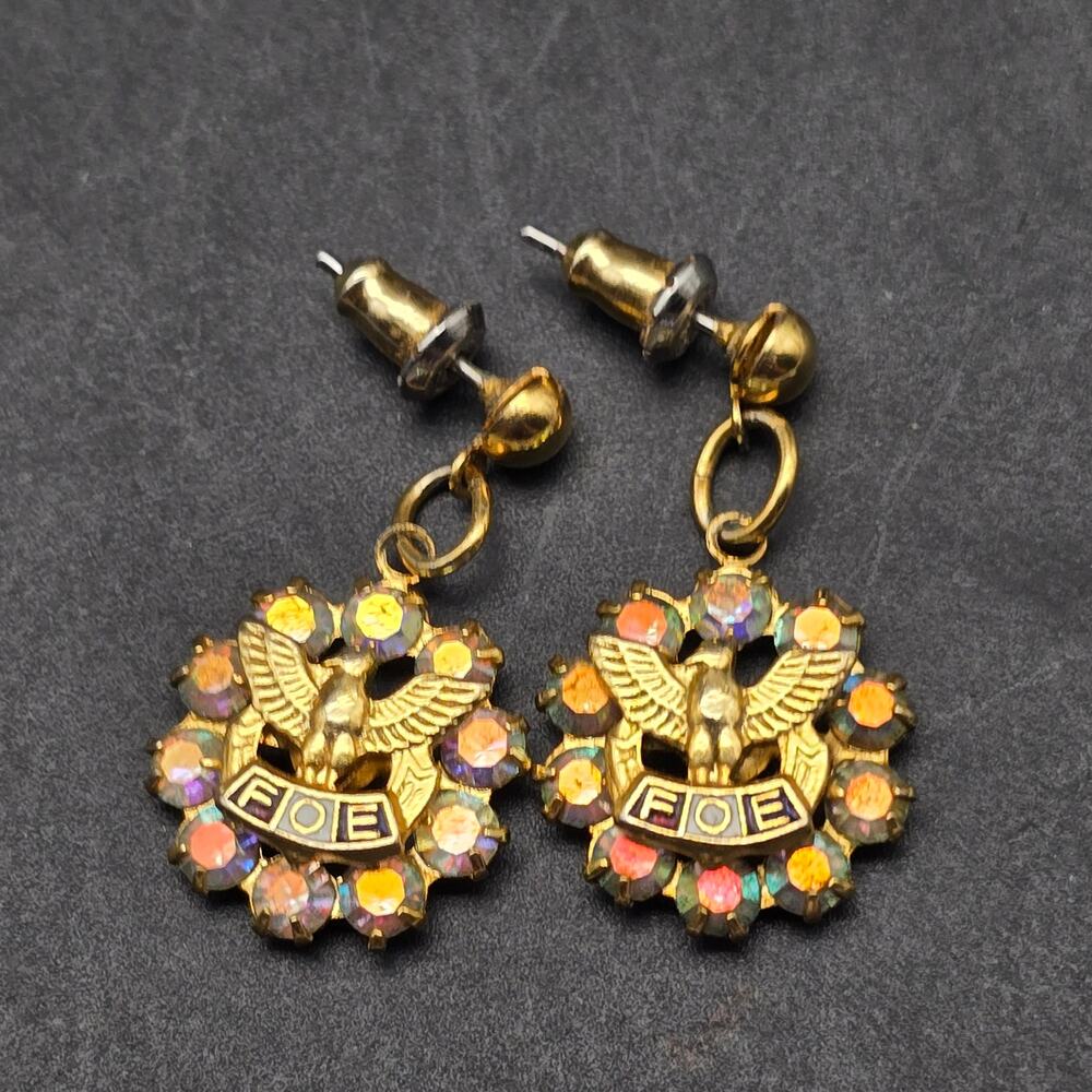 Fraternal Order of Eagles FOE Rhinestone Earrings Vintage Pierced